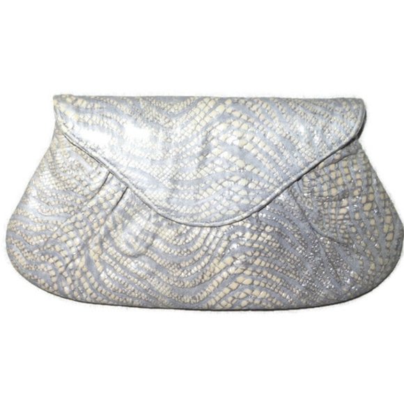 Lauren Merkin Lotte Metallic Silver Armadillo Embossed Leather Clutch Party Clut - Picture 1 of 10